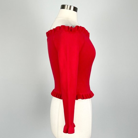 Parker Gyladyce Off Shoulder Ruffle Trim Knit Sweater Strawberry Red size Large - Picture 7 of 12
